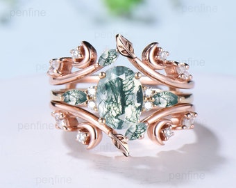 1.5CT Natural Oval Moss Agate Engagement Ring Set Marquise Aquatic Agate Moon Wedding Ring Nature Inspired Double Leaf Stacking Bridal Set