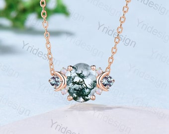 Vintage Moon Green Agate Pendant Necklace Unique Nature Inspired Moss Agate Pendant Alternative Cute Alexandrite Opal Necklace For Women