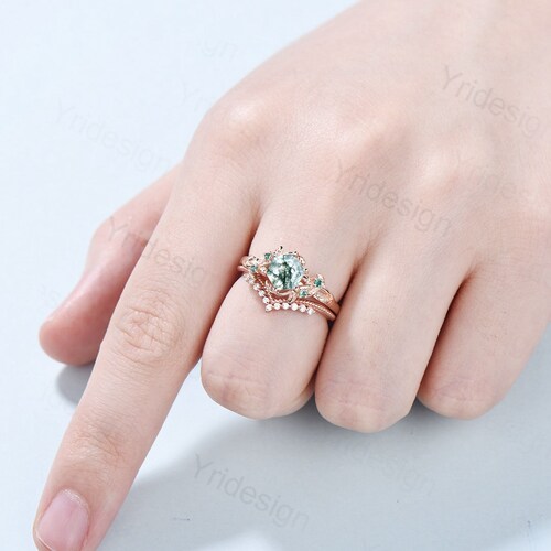Elegant Hexagon Moss Agate Ring Set Vintage Unique Aquatic Agate Engagement shops Ring Rose Gold Cluster Emerald Wedding Ring Women Bridal Set