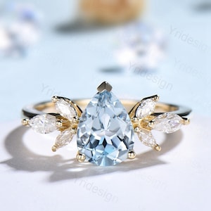 Pear shape aquamarine ring Vintage aquamarine engagement ring 14k gold cluster Marquise moissanite promise ring for women Bridal ring gift