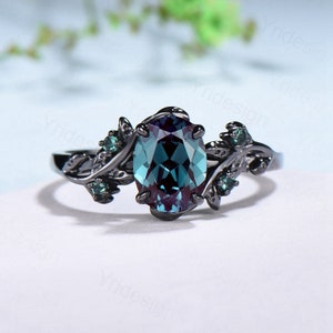 Nature Inspired alexandrite engagement ring Unique Black gold color changing twig engagement ring cluster emerald wedding ring for women