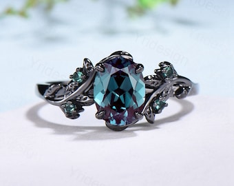 Nature Inspired alexandrite engagement ring Unique Black gold color changing twig engagement ring cluster emerald wedding ring for women