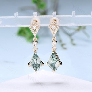 Vintage Natural Moss Agate earrings Elegant 14/18K Yellow Gold Kite Cut Green Agate Stud Earrings Women  crystal earrings anniversary gift