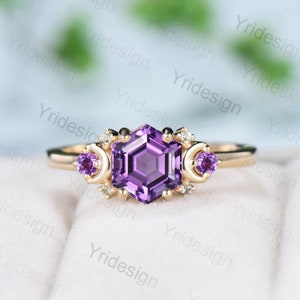 Vintage Amethyst Ring Unique Hexagon Amethyst Moon Engagement Ring women Art Deco February birthstone ring gift Purple Crystal Promise Ring