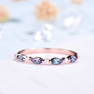 Alexandrite Moissanite Wedding Band Vintage Alexandrite Stacking Ring For Women Rose Gold Art Deco Moissanite Matching Band Anniversary Gift