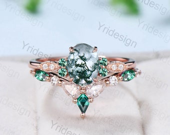 Vintage 1.5CT Oval Moss Agate Ring For Women Silver Rose Gold Unique Green Agate Engagement Ring Art Deco Marquise Emerald Wedding Ring Set