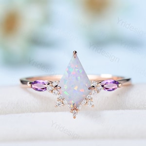 Unique opal and amethyst ring Vintage fire opal engagement ring solid 14k rose gold art deco kite cut cute opal wedding ring for women