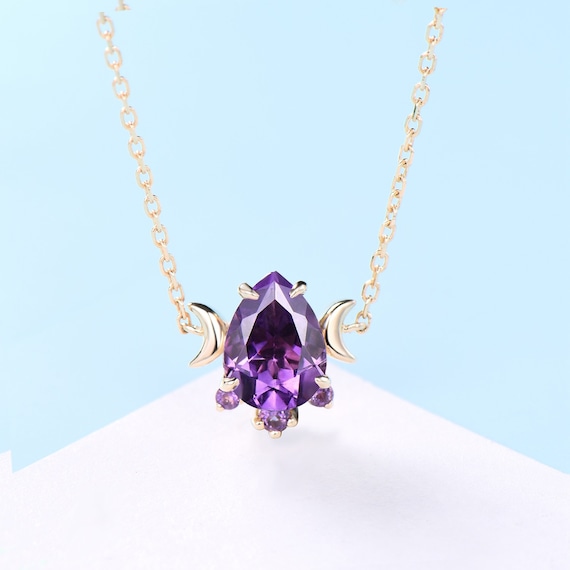 Dainty Pear Shaped Amethyst Pendant Necklace Unique Crescent Moon