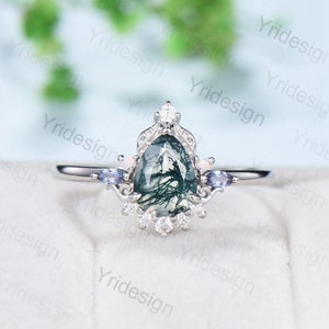 Einzigartige Birnenförmige Moosachat Ring Vintage Alternative Alexandrit Opal Ehering für Frauen Natur inspiriert Cluster Blätter Versprechen Ring