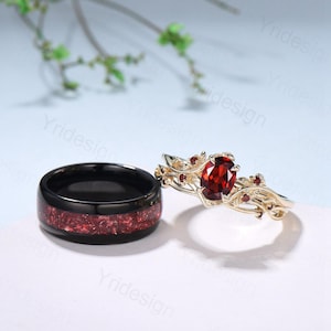 Garnet Couples Ring Sets / Nature Inspired Silver Garnet Engagement Ring / Tungsten Nebula Wedding Ring Men / Bridal Set Anniversary Gifts