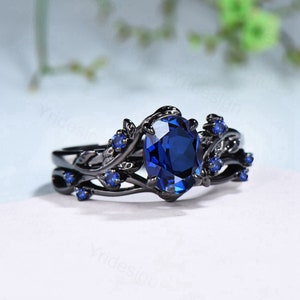 Vintage blue sapphire wedding ring set Black gold Leaf twig engagement ring set Nature Inspired sapphire bridal set for women Branch ring