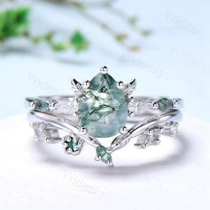 Unique Pear Shaped Natural Green Moss Agate Engagement Ring Set Devil Five Stone Nature Inspired Agate Leaf Flower Bridal Ring Set for Women