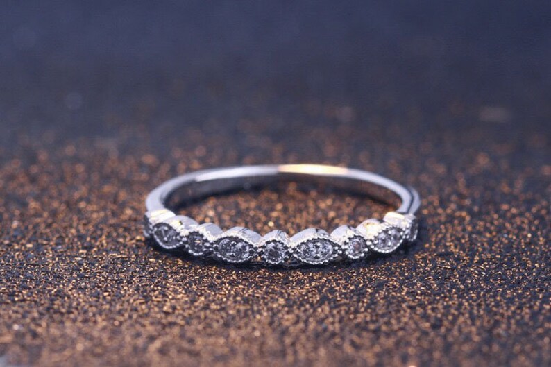 Half Eternity Wedding Band Anniversary Ring 925 Sterling Silver Stacking Ring Art Deco Matching Band Diamond Simulant WhiteRose Gold Ring