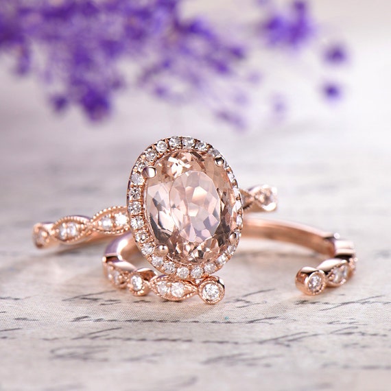 Morganite Engagement Ring Set Rose Gold 14k 18k Gold Diamond | Etsy