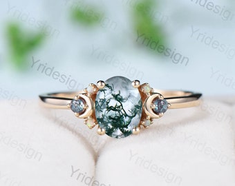 1.5Ct Oval Natural Moss Agate Ring Unique Nature Inspired Yellow Gold Agate Moon Engagement Ring Alexandrite Opal Promise Ring For Women