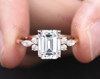 Dainty Moissanite Ring Emerald Cut Moissanite Engagement Ring Rose Gold Cluster Marquise CZ Diamond Ring Anniversary Gift for Women Wife