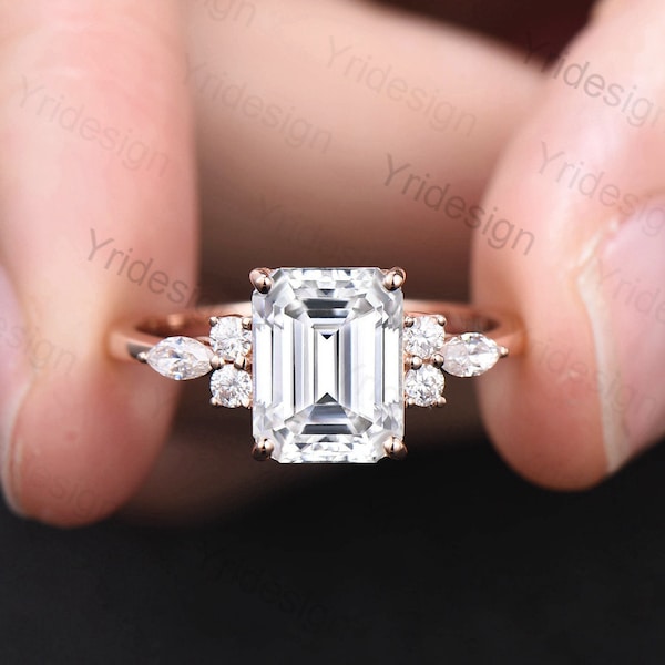 Dainty Moissanite Ring Emerald Cut Moissanite Engagement Ring Rose Gold Cluster Marquise CZ Diamond Ring Anniversary Gift for Women Wife