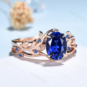 Vintage blue sapphire wedding ring set Leaf twig engagement ring set Art deco Nature Inspired rose gold bridal set for women Branch ring