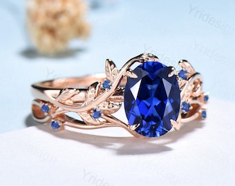 Vintage blue sapphire wedding ring set Leaf twig engagement ring set Art deco Nature Inspired rose gold bridal set for women Branch ring