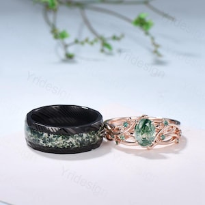 Moss Agate Couples Ring Sets / Nature Inspired Silver Agate Engagement Ring / Tungsten Nebula Wedding Ring Men / 2Pcs Set Anniversary Gifts