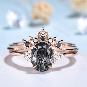 Oval cut black rutilated quartz engagement ring set vintage black diamond wedding ring set unique jewelry gift bridal promise ring for women