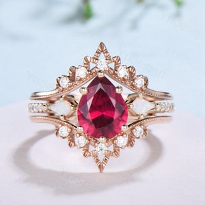 Vintage Ruby Opal Engagement Ring Set Crown Moissanite Ruby Bridal Wedding ring Set Art Deco Anniversary Gift Unique Promise Ring For Women