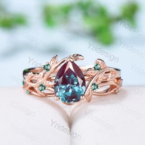 Vintage Twig alexandrite engagement ring Teardrop Leaves branch wedding ring set rose gold unique natural inspired promise ring for women