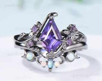 Nature Inspired kite purple sapphire engagement ring set twig vine amethyst wedding ring set Vintage marquise moonstone opal stacking ring