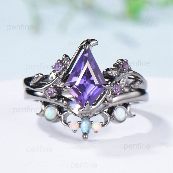 Nature Inspired kite purple sapphire engagement ring set twig vine amethyst wedding ring set Vintage marquise moonstone opal stacking ring