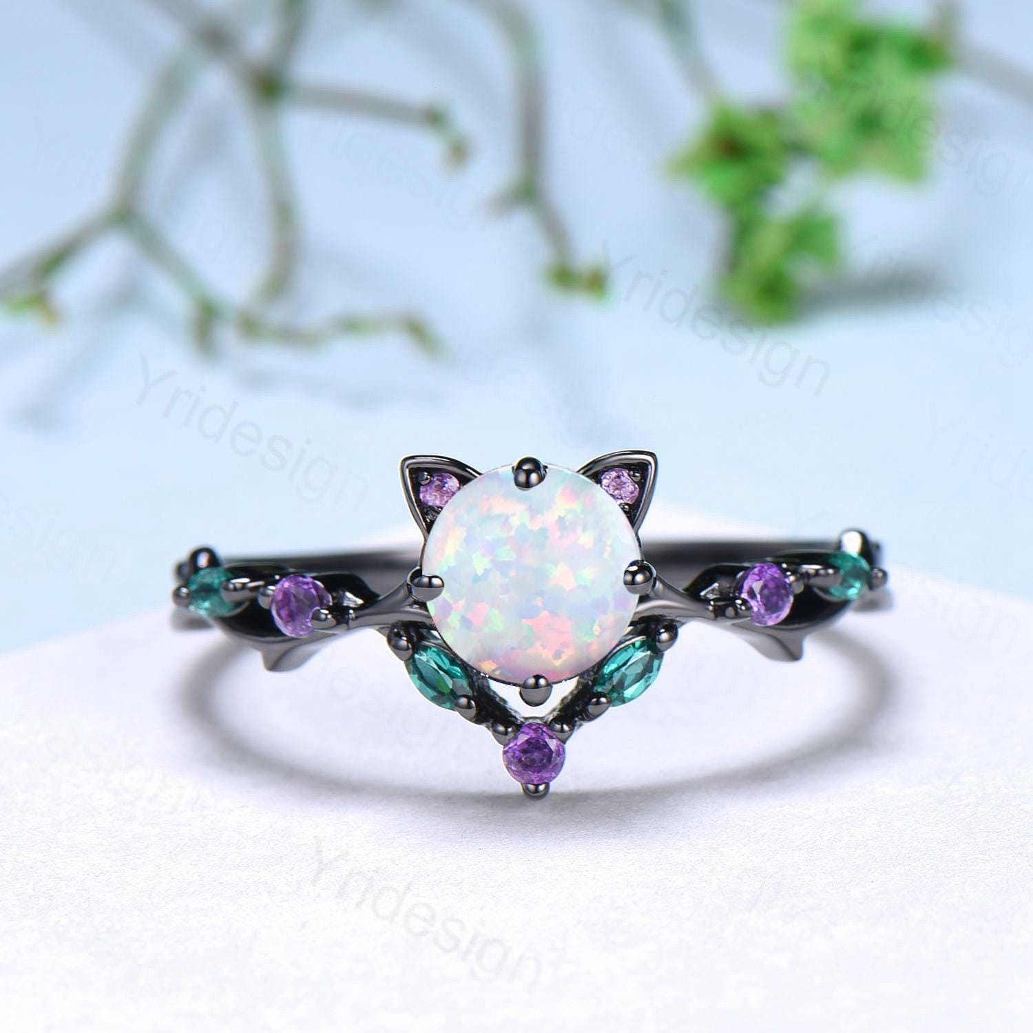 ☆nff☆ petal enigma ringpale blue nff1 Unique Cat Fire Opal Engagement Ring Black Gold Round White