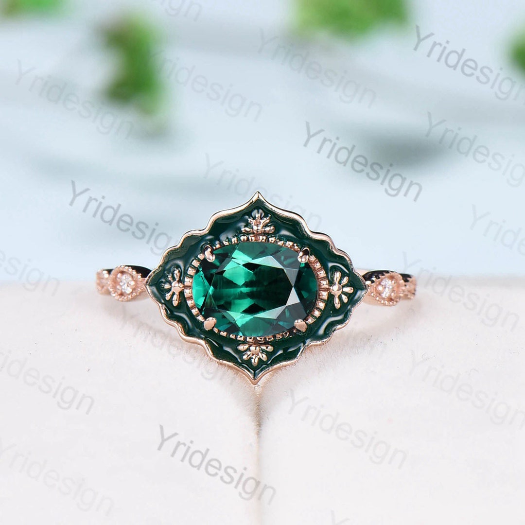 Vintage Emerald Engagement Ring Unique Enamel Green Crystal Wedding ...
