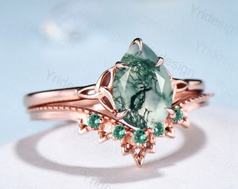 Vintage Pear shaped Moss agate engagement ring set Norse Viking Rose gold green emerald wedding ring Unique anniversary bridal ring women