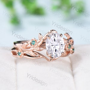 Vintage Floral moissanite emerald wedding ring set Nature Inspired flower engagement ring set unique twig leaf branch bridal ring set women