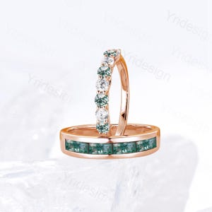 Couples moss agate ring set rose gold baguette moss agate wedding ring, men and women His Hers engagement ring unique anniversary gift