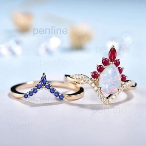 Vintage White Opal Engagement Ring Set Pear Shaped 14K Yellow Gold Sapphire Ruby Wedding ring Set Art Deco 2pcs Unique Twisted Bridal Set