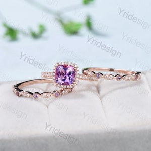 3pcs Cushion cut amethyst wedding ring set vintage antique amethyst engagement ring set for women Art deco halo diamond rose gold bridal set