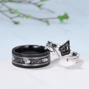 Black Rutilated Quartz Couples Ring Sets / Vintage Kite Cut Rutilated Engagement Ring / Tungsten Nebula Wedding Ring Men / 3pcs Wedding Set