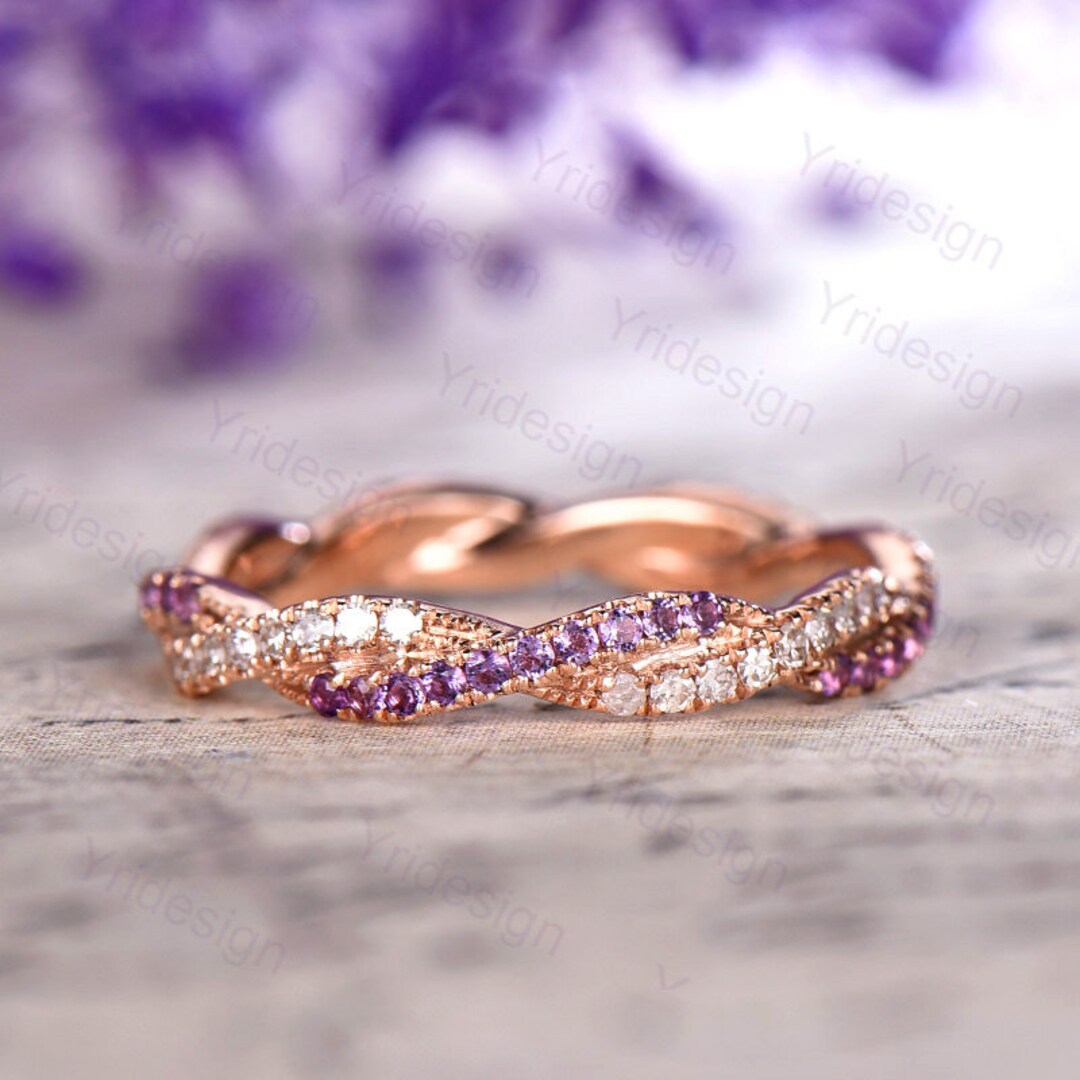 Natural Amethyst Diamond Wedding Ring Band Rose Gold Unique Amethyst 