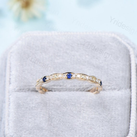 Sapphire Peridot Diamond Wedding Ring Band Solid 14K 18k Yellow Gold Full Eternity Diamond Stacking Matching Band Art Deco Engagement Ring Etsy