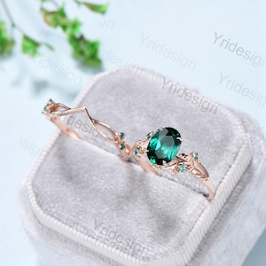 Nature Inspired Leaf emerald wedding ring set unique twig oval cut emerald engagement ring Art deco rose gold Branch anniversary ring gift image 8