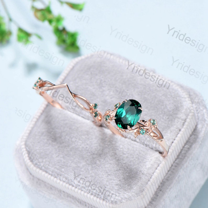 Nature Inspired Leaf emerald wedding ring set unique twig oval cut emerald engagement ring Art deco rose gold Branch anniversary ring gift image 8