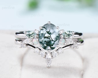 Unique 1.5CT Oval Moss Agate Engagement Ring Set Marquise Green Agate Opal Wedding Ring for Women Retro Moissanite Stacking Bridal Ring Set