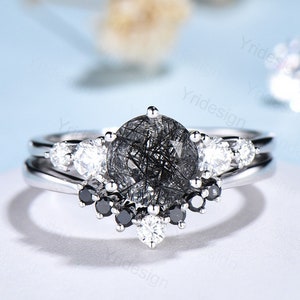 Unique black rutilated quartz engagement ring set Five stone black tourmaline wedding ring set for women Quartz crystal bridal brthday gift