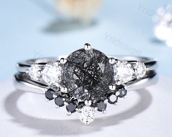 Unique black rutilated quartz engagement ring set Five stone black tourmaline wedding ring set for women Quartz crystal bridal brthday gift