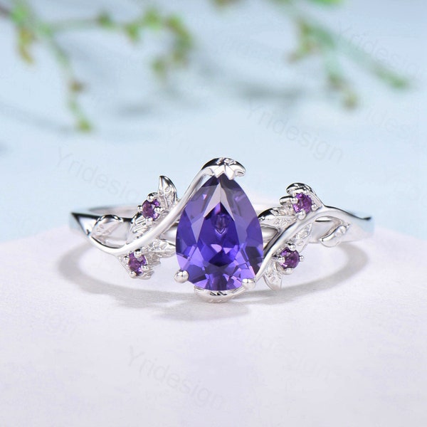 Elegant Pear Shaped Purple Sapphire Ring Vintage Unique Twig Engagement Ring Leaf Amethyst Wedding Natural inspired Branch Proposal Gift
