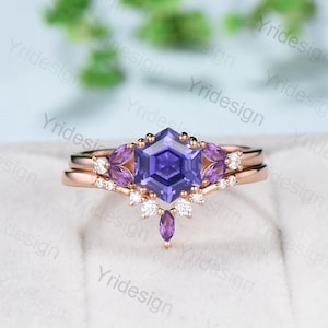 Hexagon Lila Saphir Verlobungsring Set Unikat Silber Rosegold Vintage Verlobungsring Hochzeit Brautring Versprechen Jahrestag Geschenk