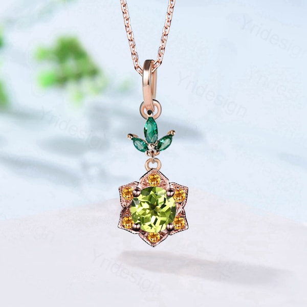 Vintage Peridot And Citirne Pendant necklace Retro Halo citrine necklace  marquise emerald pendant for women Unique Handmade Proposal Gifts