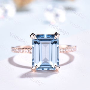 Vintage Emerald Cut Aquamarine Engagement Ring Hidden Halo Basket 3CT Aquamarine and diamond  Ring For Women Rose Gold Promise Ring For Her
