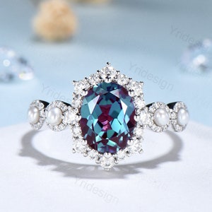 Vintage Alexandrite Engagement Ring-Unique Alexandrite Pearl Halo Diamond Wedding Ring For Women June Birthstone Anniversary bridal ring