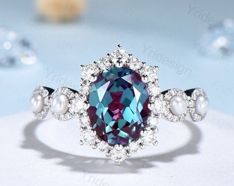 Vintage Alexandrite Engagement Ring-Unique Alexandrite Pearl Halo Diamond Wedding Ring For Women June Birthstone Anniversary bridal ring